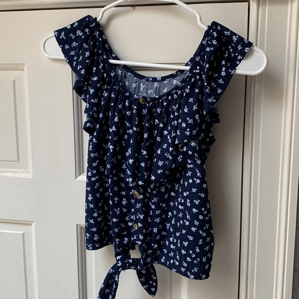 Justice girls ruffle tank, tie, size 12, blue and white sanity flowers